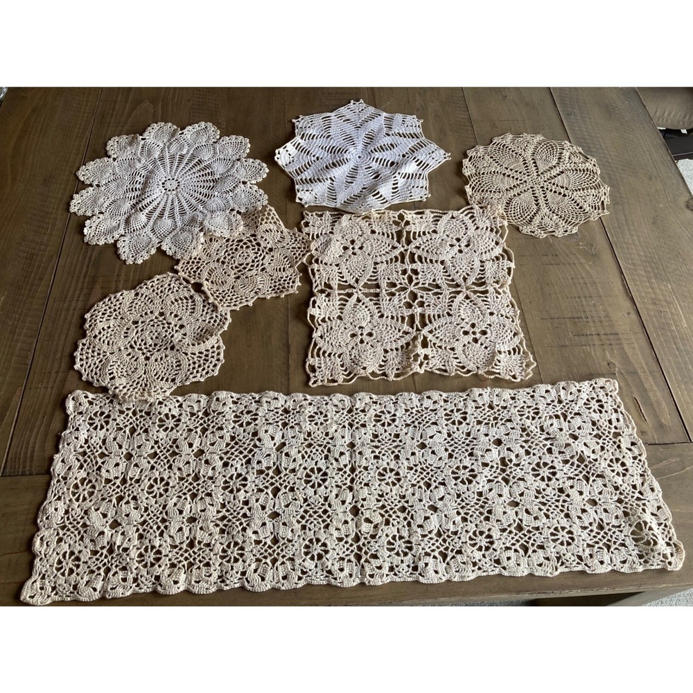 Vintage Hand Crochet Lace Doily Lot 7pc Cream White Table Runner Floral